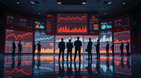 Silhouette of a group of business people in front of a monitor of stock market data