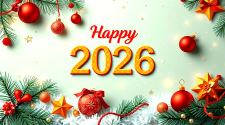 Happy New Year background with fir branches and Christmas decorations. Vector illustration.