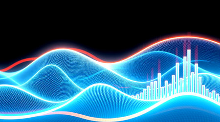 abstract digital sound wave with blue and red lights on black background