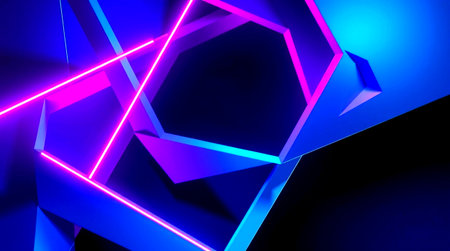 3d rendering of abstract geometric composition with neon lights in blue and violet colors