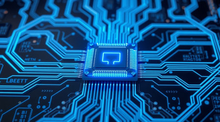 3D rendering of a chip on a circuit board in blue light