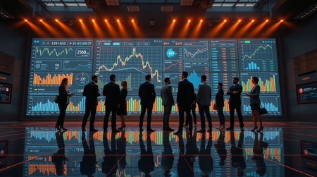 Silhouettes of business people standing in front of a monitor of stock market data