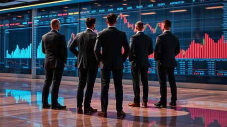 business, people and technology concept - close up of business team with forex chart on virtual...