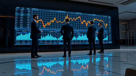 Business people in modern office interior looking at stock market graphic. Mixed media