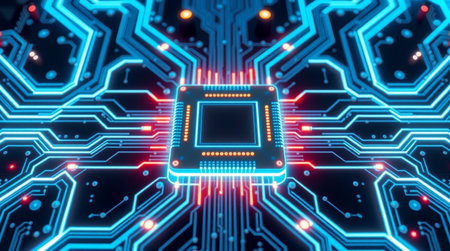 Circuit board with microchip. Technology background. 3d illustration