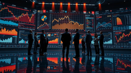 Group of business people and stock market graphs on digital screen. Mixed media