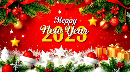 Happy new year greeting card with christmas tree branches, snowflakes and gift boxes.