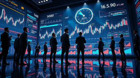 Silhouettes of business people and stock market data on virtual screen