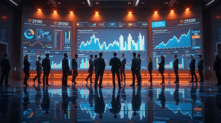 Group of business people in front of a monitor with stock market data
