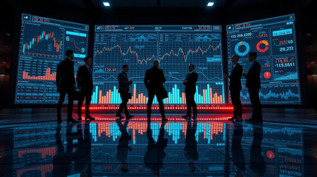 Silhouettes of business people working in modern office with glowing forex chart. 3D rendering