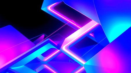 3d rendering of abstract geometric shapes in neon light. Reflective surface.
