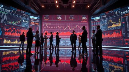 Silhouettes of business people in front of stock market data monitor