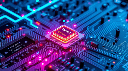 Close-up of electronic circuit board with microchips.