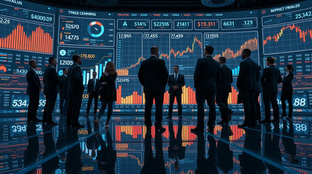 Silhouettes of business people standing in a row and looking at the monitor with stock market data