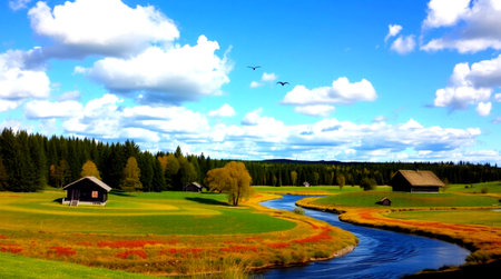 Landscape with meadow, forest and river