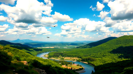 Panoramic view of the river in the mountains. Ukraine.