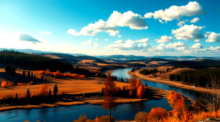 Beautiful autumn landscape with river and blue sky with white clouds.の写真素材
