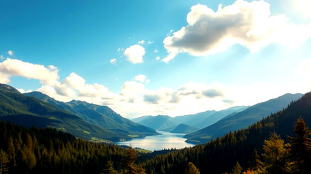 panoramic view of alpine lake and blue sky with clouds