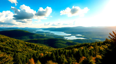Aerial view of forest and lake at sunset. Beautiful summer landscape.の写真素材