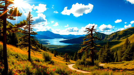 panoramic view of the lake in the mountains. summer landscapeの写真素材