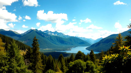 Mountains and lake in Alaska, USA. Beautiful summer landscape.