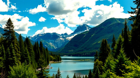 Panoramic view of alpine lake and mountains in the background
