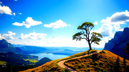 Lonely tree on the top of a mountain with blue sky