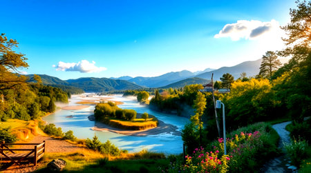 Beautiful summer landscape with the river and mountains in the background.の写真素材