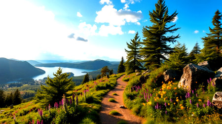 Hiking trail in the mountains. Panoramic view of Lake Tahoe.の写真素材
