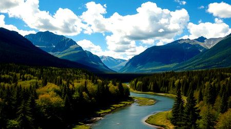 Panoramic view of a mountain river in the Canadian Rockies.
