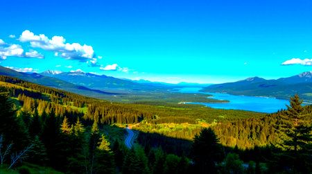 panoramic view of the lake in the mountains in the summerの写真素材