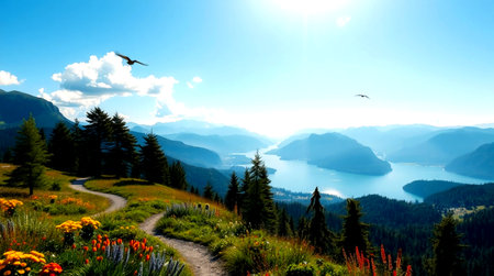 Panoramic view of Lake Tahoe and mountains in summer.