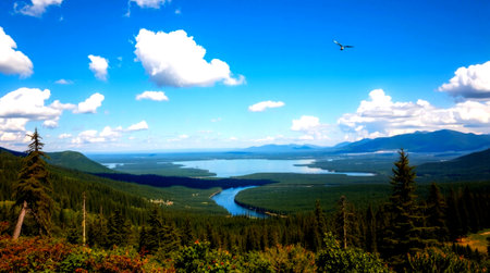 Panoramic view of a lake from the summit of a mountain.