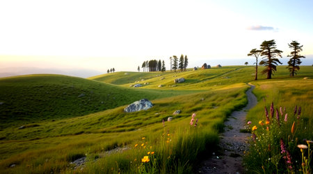 Mountain landscape with grass and flowers at sunset. Beautiful natural background.