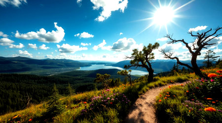 Hiking trail on the top of a mountain in the summer.