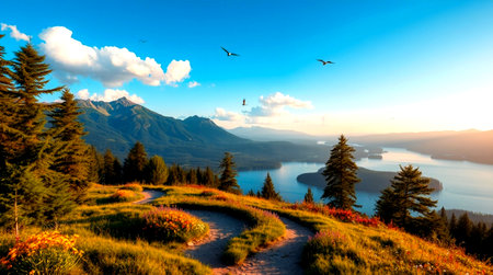 Beautiful alpine landscape with lake and mountain peaks at sunset.