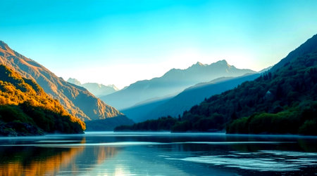 Mountain lake at sunrise. Landscape with mountains, lake and forest