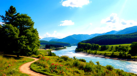 Beautiful summer landscape with the river and mountains in the background.の写真素材