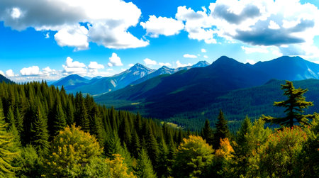 Mountain landscape with forest and blue sky with clouds. Panoramic view.の写真素材
