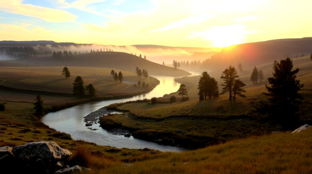 Landscape with a mountain river in the early morning. Altai, Siberia, Russiaの写真素材