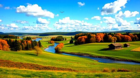Beautiful autumn landscape with meadow and river. Czech Republic.の写真素材