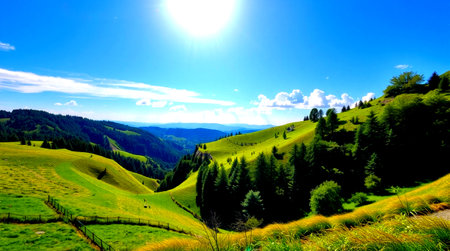 Mountain landscape with green grass and blue sky. Carpathian, Ukraine