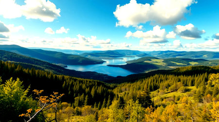 Beautiful autumn landscape in the mountains. Lake Baikal.