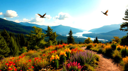 Meadow of poppies and wildflowers in the mountains