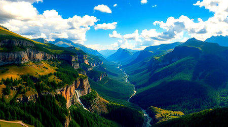 Mountain landscape with river and blue sky with clouds. Panoramic view.の写真素材