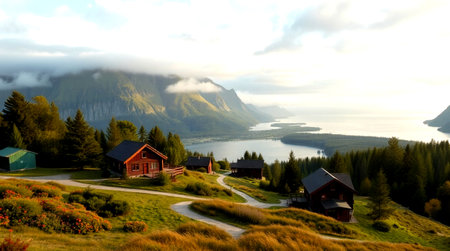 Norway fjord landscape with wooden houses and mountains in the background