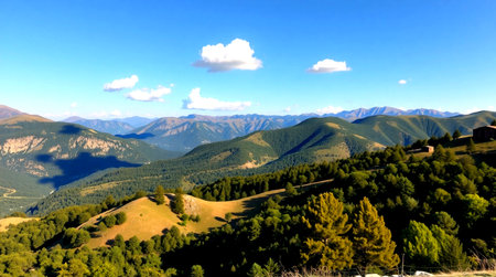 Mountain landscape with green forest and blue sky, Kyrgyzstanの写真素材
