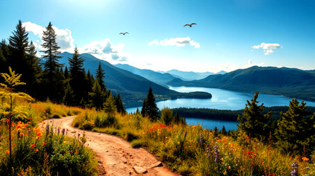 Mountains landscape with lake and blue sky. Panoramic view