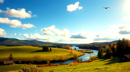 Beautiful landscape with a view of the river and the blue sky