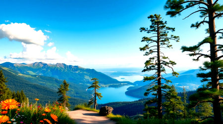 panoramic view of lake and mountains with coniferous forest